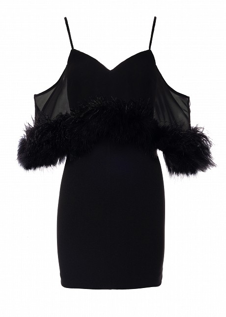 Off shoulders mini dress with feathers
