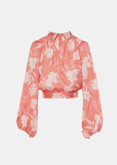 Printed blouse in satin look with rhinestones