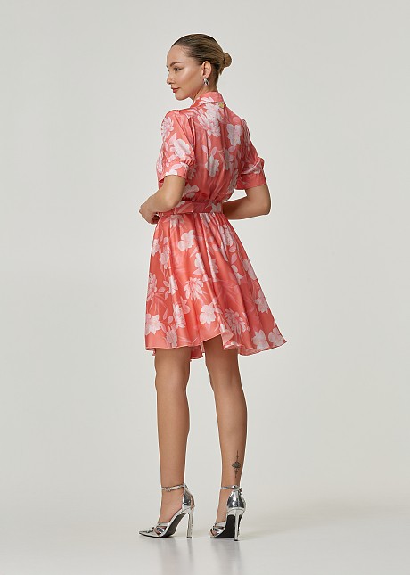Floral printed cloche dress in peach color with rhinestones