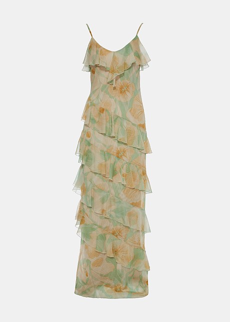 Maxi printed dress with ruffles in lime color
