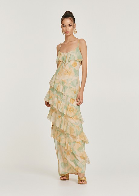 Maxi printed dress with ruffles in lime color