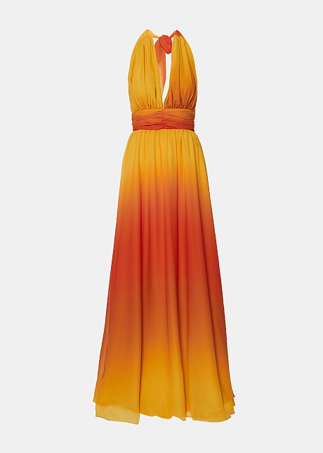 Maxi plunge halter dress in gradient orange shades