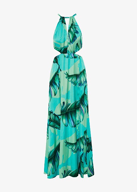 Rochie lungă cu print frunze in aspect satinat