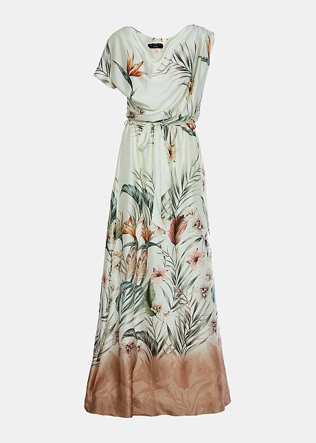 Maxi tropical printed dress in satin look