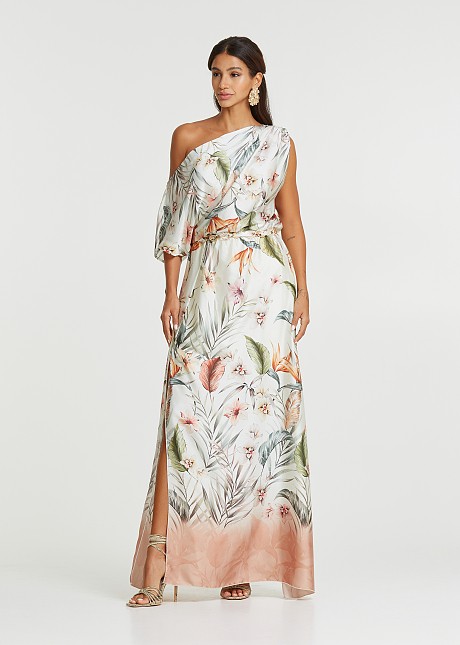 Rochie lungă cu print tropical in aspect satinat