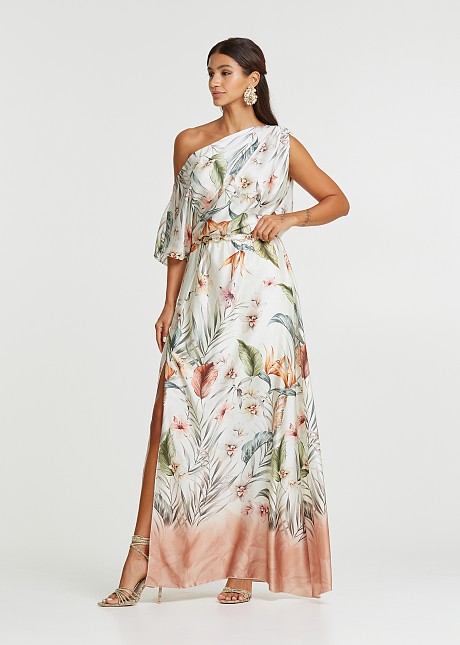 Rochie lungă cu print tropical in aspect satinat