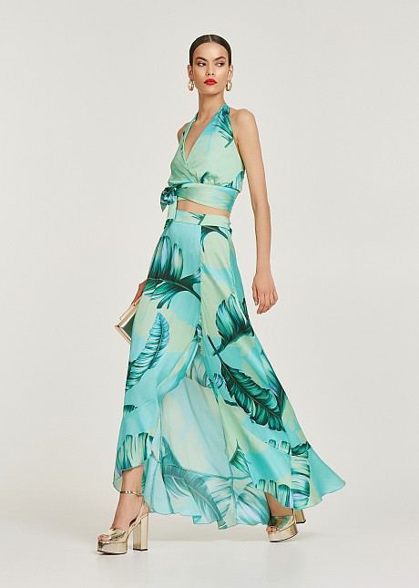 Maxi printed skirt with frills in satin look