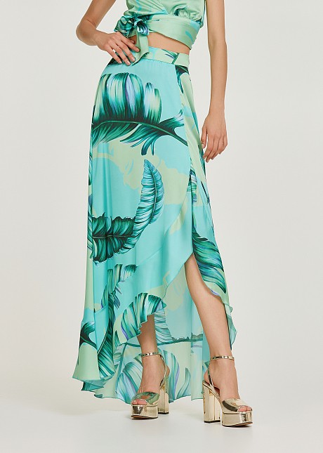 Maxi printed skirt with frills in satin look