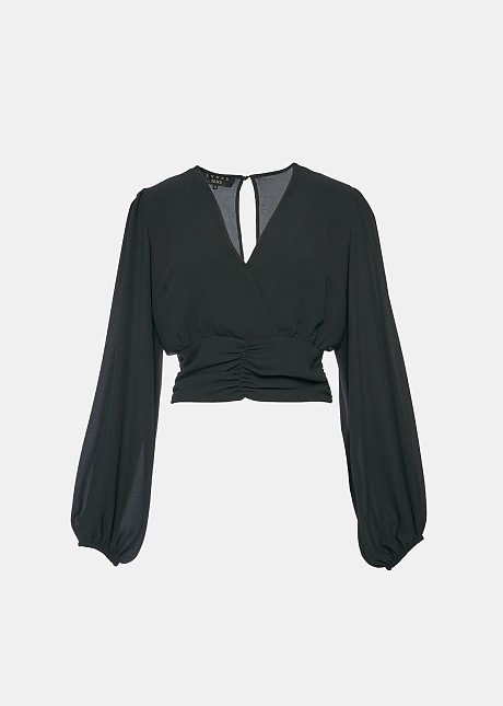 Blouse in wrap style with V neckline