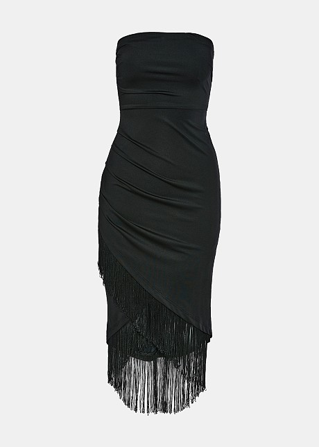 Strapless midi dress with fringes