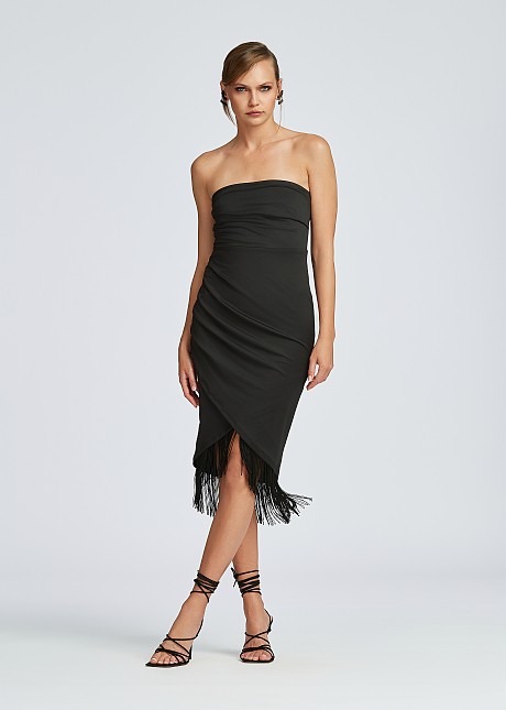Strapless midi dress with fringes