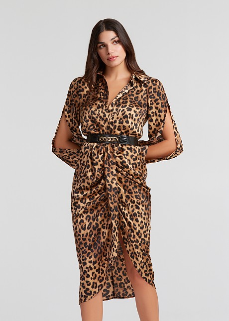 Midi leopard dress with collar