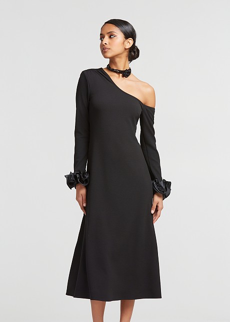 Midi one shoulder dress with ruffles on the sleeves