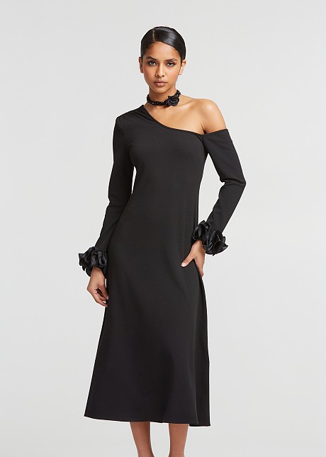 Midi one shoulder dress with ruffles on the sleeves