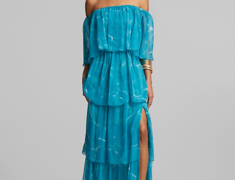 Maxi off-shoulder dress with layered ruffles | LYNNE Maxi off-shoulder dress with layered ruffles | LYNNE