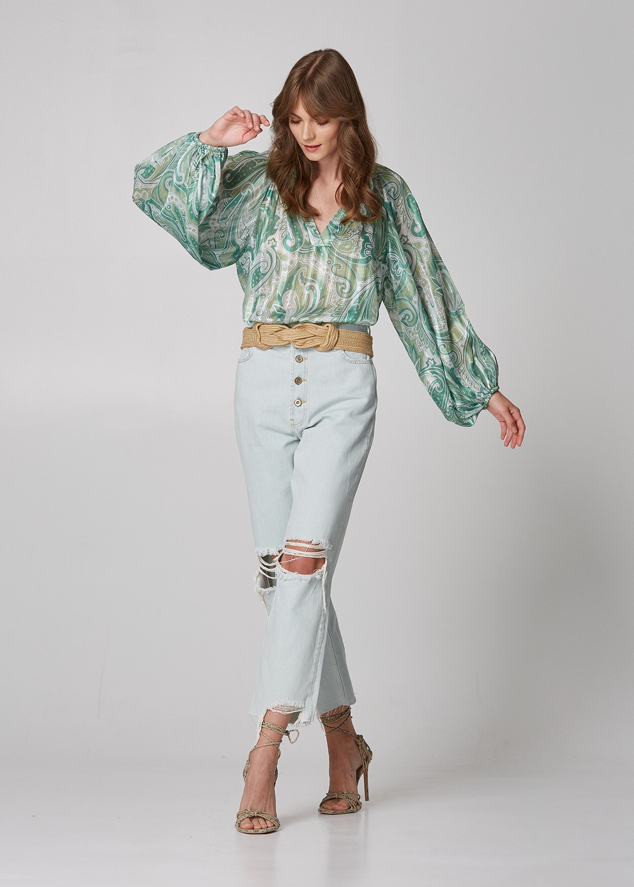 Long sleeve blouse with paisley print and lurex details