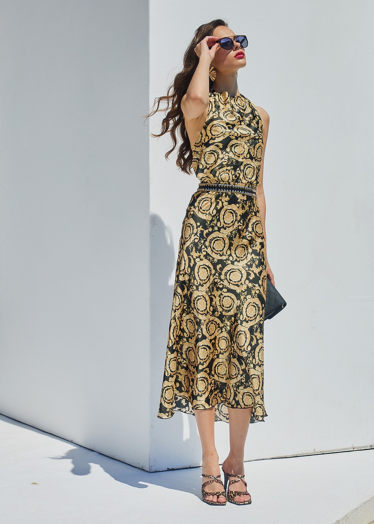 Midi dress with paisley print and fringes