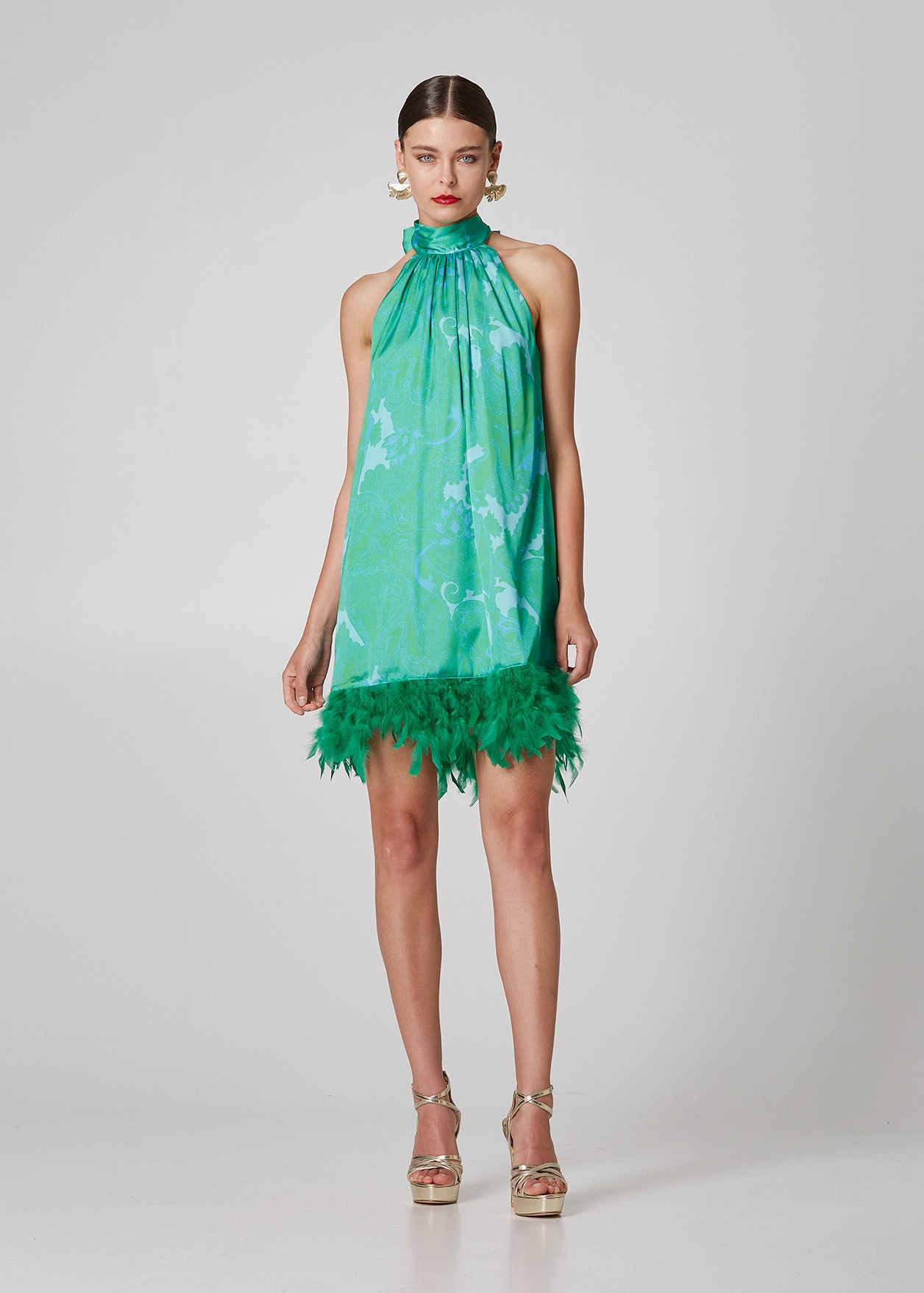 Mini dress with satin look and decorative feathers