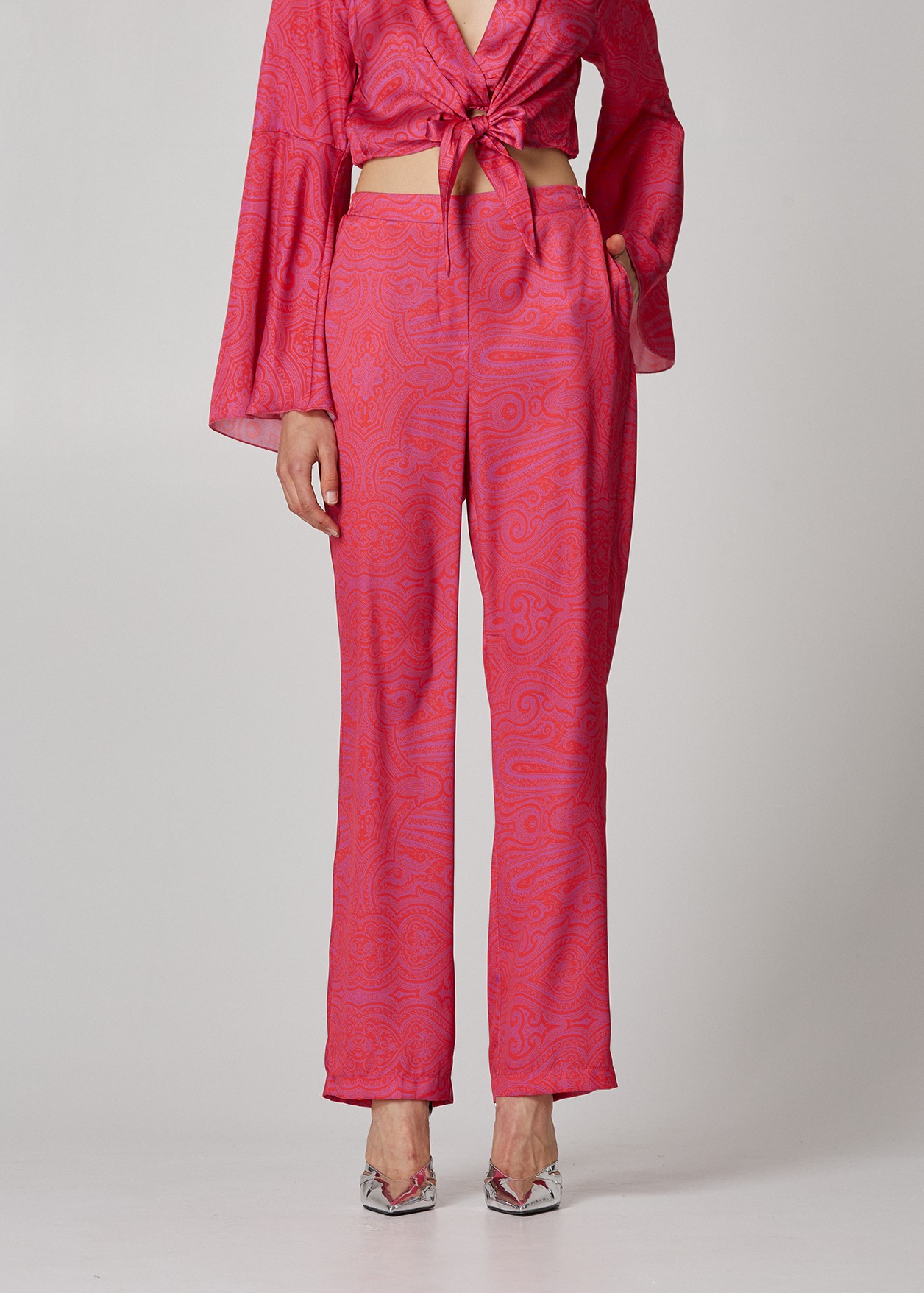 Satin look trousers with paisley print