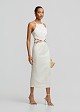 Linen midi pencil dress with embossed lace