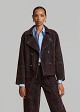 Double-breasted denim jacket with a velvet print