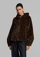 Short leopard-print faux fur jacket with a hood