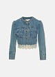Cropped denim jacket with decorative lace trim