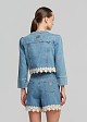 Cropped denim jacket with decorative lace trim