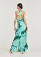 Maxi printed skirt with frills in satin look